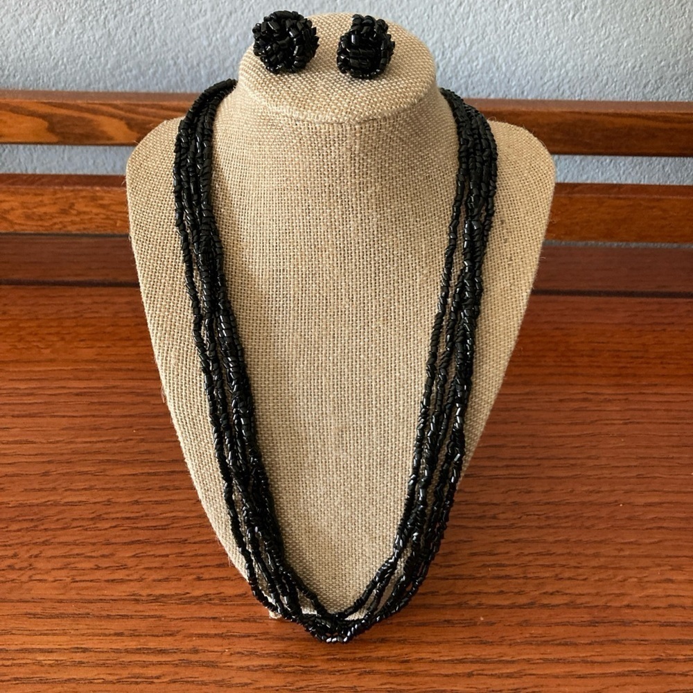 Vintage 5 Strand Black Bead Necklace 24” with matching clip on earrings